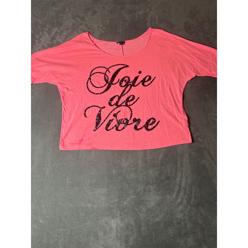 Express Joie de Vivre Sequin Graphic Tee Pink Coral Short Sleeve Scoop Neck M